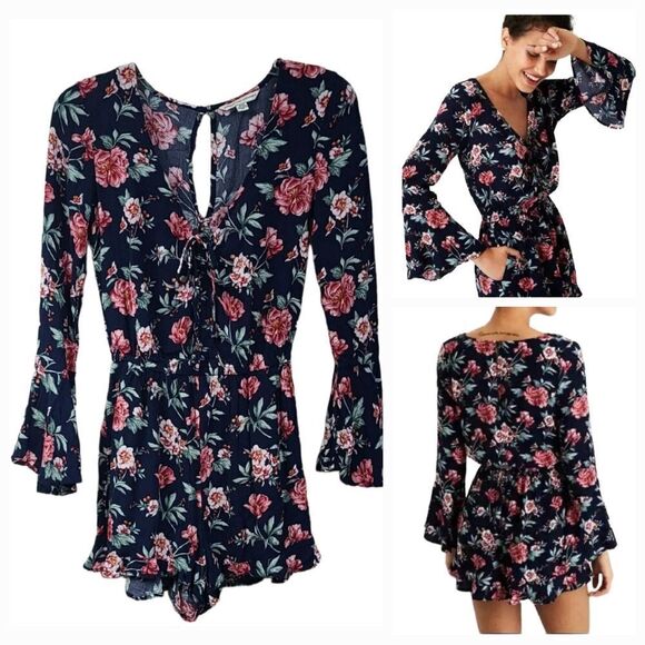 American Eagle Blue Floral Romper Long Bell Sleeve Boho Rose Crepe Cinch V-Neck - Picture 2 of 13